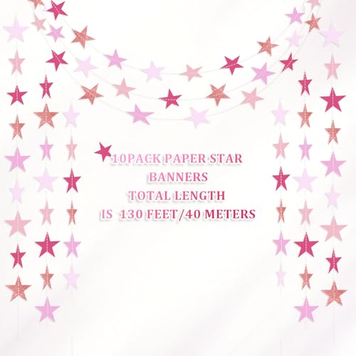 Image of Patelai Glitter Star Garland Banner 2026 Graduation Decor 130 Feet Star Hanging Banner Twinkle Backdrop for Party Birthday Classroom Wedding Supplies(Pink,Purple)