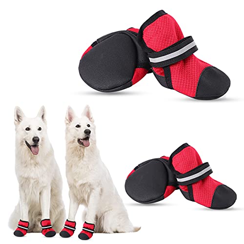 Koeson Dog Shoes For Hot Pavement, Reflective Summer Dog Boots For Medium & Large Breeds Heat Protection, Soft & Breathable Outdoor Mesh Dog Booties Pet Footwear Paw Protector Red 80 #TOP25
