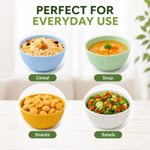 Image of Wheat Straw Bowl Set of 4 (15 cm) - 750ml | Unbreakable BPA Free Bowls | Dishwasher Safe | Ribbed Pattern Reusable Bowls for Soup, Salad, Noodles, Snacks - Multicolour