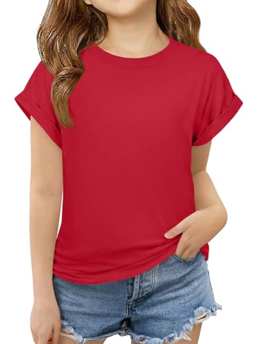 Humordream Girls Short Sleeve T Shirts Kids Crewneck Curve Hem Soft Tunic Tops Summer Tees Red