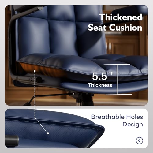 Image of Mid Century Modern Desk Chair, Vintage Leather Office Chair, Blue | Petite Computer Chair for Small to Medium Women, Thickened Back, Cozy Seat, Adjustable Height for Home