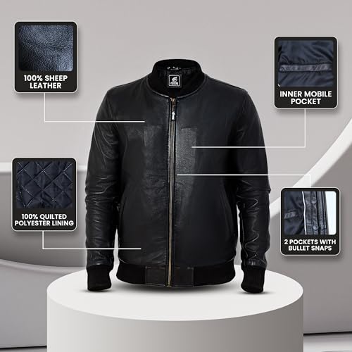 Black Leather Bomber Jacket Men | 100% Real Lambskin Leather Jacket | Men's Leather Motorcycle Jacket | Heritage2
