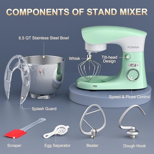 Stand Mixer, 6.5QT 10 Speeds Tilt-Head Electric Stand Mixer, 3-In-1 Kitchen Mixer with Bowl, Dough Hook, Whisk and Beater, Food Mixer for Baking and Daily Use (Green White) by POWWA - Image 5