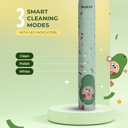 Image of beatXP Jiggle Sonic Electric Toothbrush for Kids with 2 Brush Heads & 3 Cleaning Modes | Rechargeable Electric Toothbrush | 20500 strokes /min with Long Battery Life (Leafy Green)