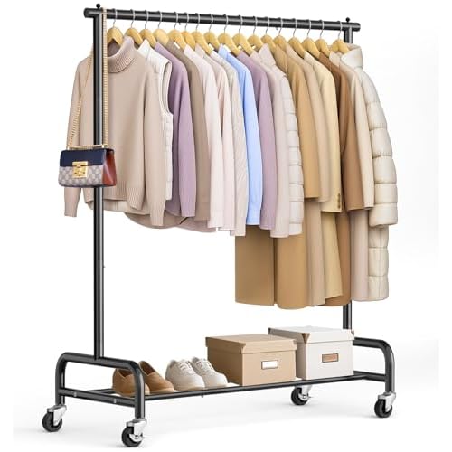 SLEEPING LAMB Heavy Duty Clothing Racks for Hanging Clothes Rack, 43″ Wide Rolling Garment Rack Metal Clothing Hanger Rack with Wheels Wardrobe Rack for Coats, Shirts, Dress, (Black)