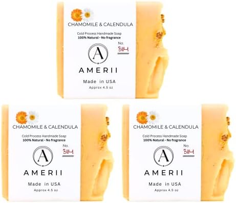 Amerii Natural Colecction Handmade Calendula & Chamomile Soap Bar -3 PACK Fragrance-Free, All-Natural, with Incredible Skin Benefits, 12.5 oz.