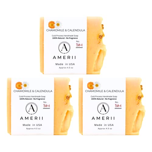 Amerii Natural Colecction Handmade Calendula & Chamomile Soap Bar -3 Pack Fragrance-Free, All-Natural, With Incredible Skin Benefits, 12.5 Oz. #TOP3