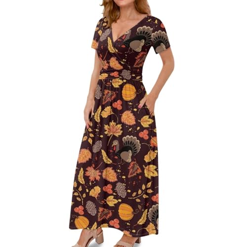Image of Women's Fall Summer Short Sleeve Ankle Length V-Neck Party Dress with Pockets Size S-3XL