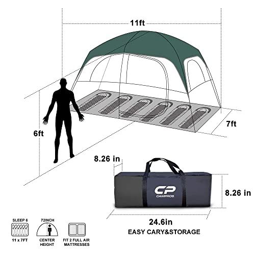 Campros Cp Tent-6-Person-Camping-Tents, Waterproof Windproof Family Tent With Top Rainfly, 4 Large Mesh Windows, Double Layer, Easy Set Up, Portable With Carry Bag - Dark Green #TOP2