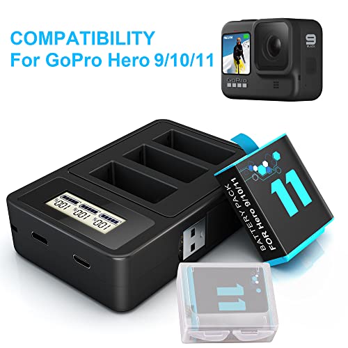 Tomsheir 2000Mah Batteries For Gopro Hero 9/10/11 Battery (2-Pack) And 3-Channel Usb Quick Charger (Fully Compatible With Gopro Hero 9 Gopro Hero 10 Hero 11 Black Official) #TOP1