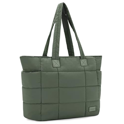 VASCHY Tote Bag for Women, Lightweight Quilted Puffer Work Tote Purse with Zipper for Nurse/Teacher/Travel/Gym Green