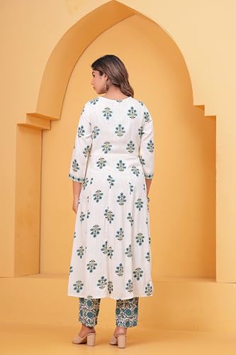 Image of Women's Indigo Blue Printed Anarkali Kurta with Palazzo Set, Long Sleeve V-Neck Ethnic Wear (IN, Alpha, L, Regular, White)