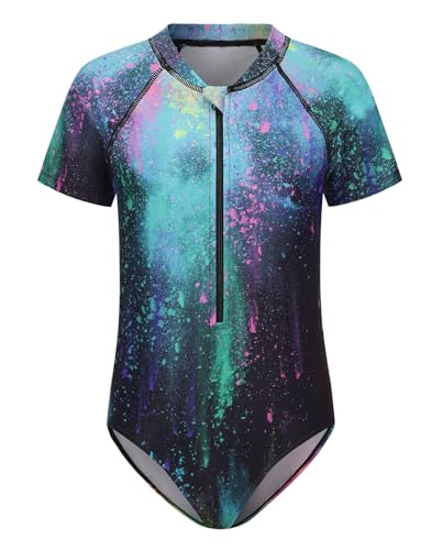 Image of Girls One Piece Rash Guard Swimsuits for Kids Girls Short Sleeve Bathing Suits with Front Zipper Swimwear 3-16 Years