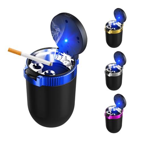 Image of Car Ashtray with Lid, Detachable Smokeless Auto Cup Holder Ashtray with LED Blue Light, Stainless Steel Ash Tray Portable Mini Vehicle Trash Can for Car Home Outdoor (Blue)