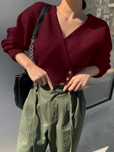 Image of WDIRARA Women's Wrap V Neck Sweater Button Front Long Sleeve Crop Knitted Top