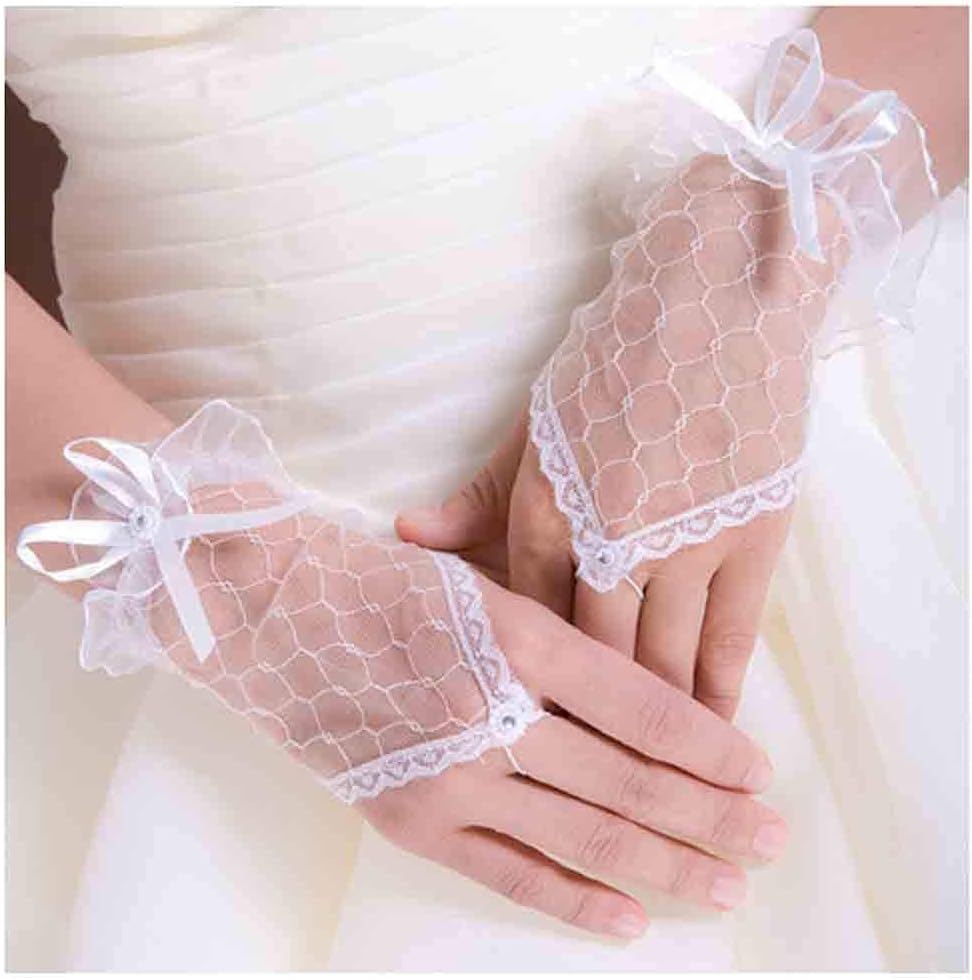 Olbye Womens' Wedding Gloves Fingerless Rhinestone Lace Gloves for Brides and Bridesmaids Lace Bow Gloves White