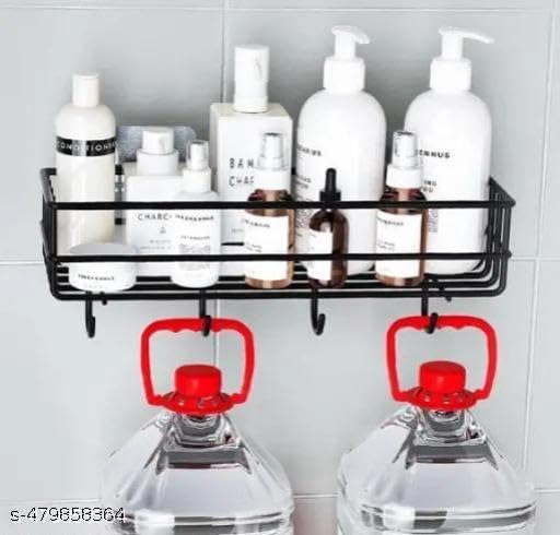 (Pack of 2) Steel Self-Adhesive Multipurpose Bathroom Shelf with Hooks/Towel Holder/Rack/Bathroom Accessories-Wall Mount - Pack of 2 (Black,Powder Coated)|BHR-P1532 3
