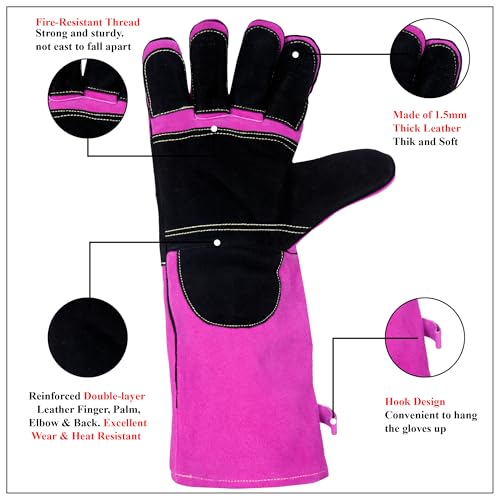 Ladies Fire Resistant BBQ/Welding Gloves, Pink/Black, 16 inches