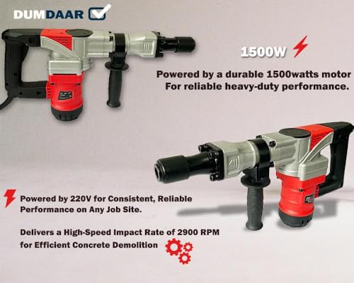 Image of Inditrust Dumdaar 7kg Electric Demolition Hammer, (RED) 100% copper winding 1500W, 360 Rotating Handle, with Anti vibration control handle, 2900 RPM