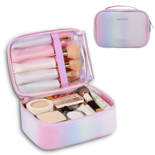 Meiyuuo Gradient Makeup Bag Large Travel Makeup Case Cosmetic Bags for Women Carry on Zipper Pouch Toiletry Bag Cute Colorful Organizer(Rainbow Pink)