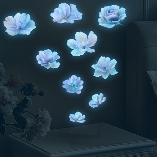 9 Stück Wandaufkleber Blumen Leuchtende, Wandaufkleber Blumen Blau, Leuchtende Blumenaufkleber...