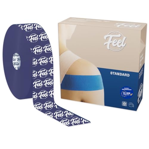 FEEL Premium Cinta kinesiológica All Round (5 cm x 5 m), hipoalergénica y fuerte, dura hasta 6 días en la piel, resistente al agua y 180% elástica (5 cm x 32 m, logotipo azul marino)