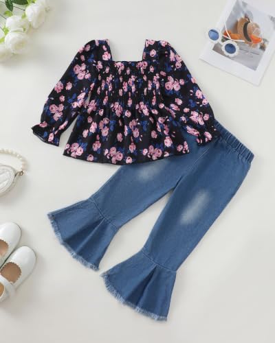 Image of Kucnuzki Toddler Kids Girl Clothes Long Sleeve Shirt Tops Baggy Jeans Cute Pants Set Baby Girl Outfit 2 Piece Clothing
