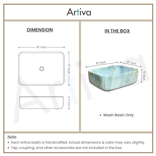 Image of Artiva Ceramic Wash Basin /Tabletop Washbasin For Bathroom,12 inchx16 inch /Small Countetop Bathroom Basin /Table Top Basin For Home,Office,Hotel /Rectangle Glossy Sink (Marble Green,12x16 Inch)