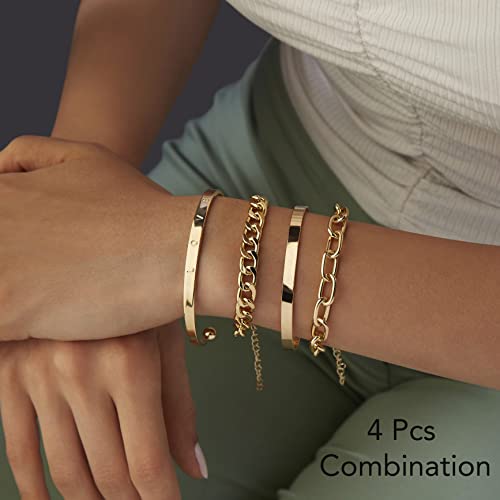 Image of 14K Gold and Silver Plated Layered Bracelet Sets, 4 Pieces, Adjustable Layered Link Bracelets Sets, Stainless Steel, no gemstone