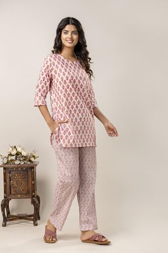 Image of Pure Cotton Printed Night Suit Top and Pyjama Set for Women's Night Dress of Shirt & Pyjama Set for Womens