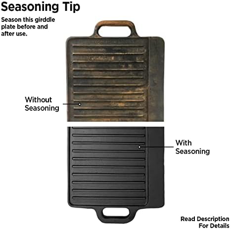 Cast Iron Griddle Plate for Gas Hob, Pre-seasoned Reversible Cast Iron Griddle Pan, Rectangular Plate Grooved to Drain Fats for Healthy Food Large Grill Pan & Steak Pan 45cm X 23cm