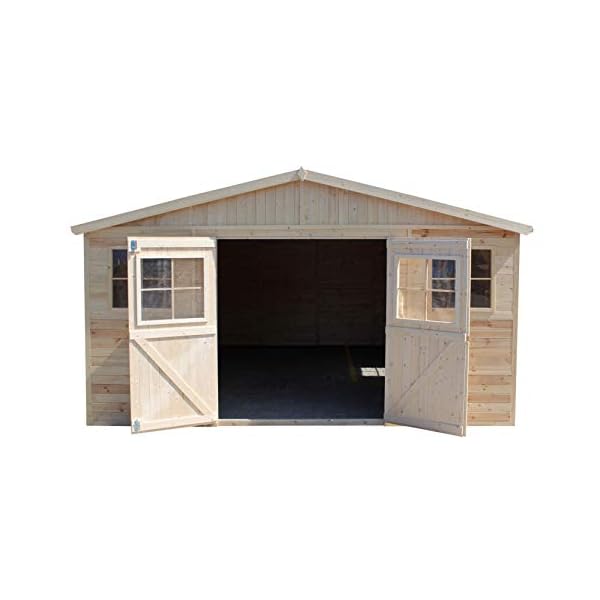 TIMBELA Holz Gartenschuppen MIT IMPRÄGNIERTEM Boden - Abstellkammer mit Fenstern - H246 x 418 x 522 cm/ 20 m² Naturholz… – Bild 5