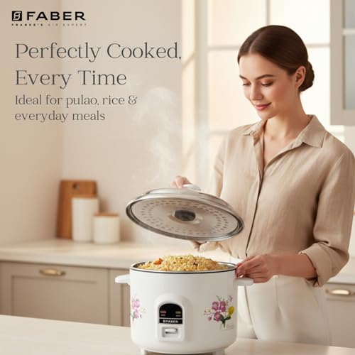 Image of Faber 1.8L Rice Cooker|700watts|2 Stainless Steel Pot|Cool&Warm Mode|Floral White Finish| 2yrs Warranty on Product & 5yrs on Heating Element|Cool Touch Handle|LED Indicators|FRC Sydney 1.8 SS2