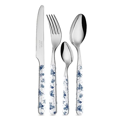 Neva | Bistrot Roses Collection Set 24 Posate, Set Posate In Acciaio Inox, Lavaggio In Lavastoviglie, Decorazione Indelebile, Micro Rose Blu