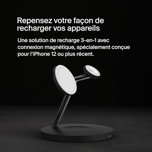 Belkin Chargeur magnétique 3-en-1 MagSafe, 15 W, chargeur sans fil, recharge rapide d'iPhone, d'Apple Watch et d'AirPods, chargeur MagSafe sans fil pour iPhone 16, 15, 14, 13, Apple Watch et AirPods