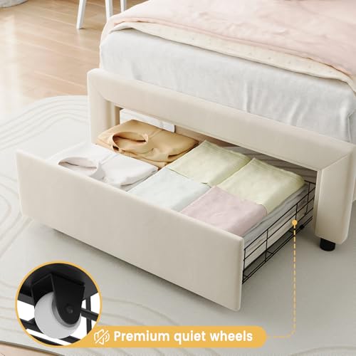 Image of GarveeHome Twin Upholstered Smart LED Bed Frame with Headboard, Velvet Princess Platform Bed Frame for Kids, Wooden Slats Support, No Box Spring Needed (Beige)