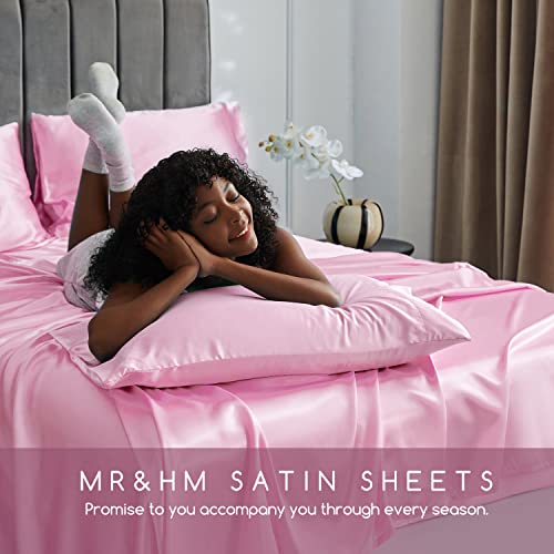 Image of MR&HM Satin Bed Sheets, Queen Size Sheets Set, 4 Pcs Silky Bedding Set with 15 Inches Deep Pocket for Mattress (Queen, Pink)
