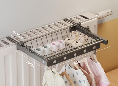 AZMUDE Porte-serviettes pour radiateur à suspendre, 40 cm, réglable, sans perçage, pour balcon (0 à 11 cm), en aluminium, pour vêtements, chaussettes, chaussures (avec filet métallique) – vue 5