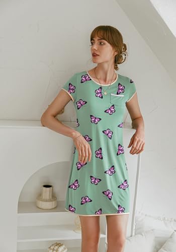 Image of Ekouaer Womens Nightgown Sleep Shirt Dress Satin Patchwork Short Sleeve Sleepwear with Pocket