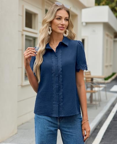 Image of siliteelon Womens Summer Button Down Lace Blouses Lapel Trim Dress Casual Shirts 2026 Fashion Business Short Sleeve Tops