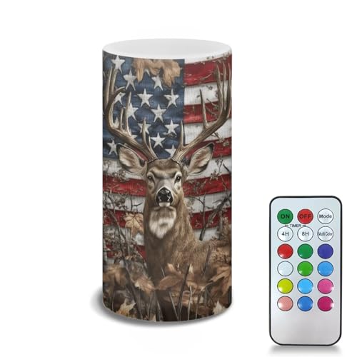 Image of Poceacles Flameless LED Candle Battery Powered Votive Lights Realistic Pillar Candle Decorative Tea Lights for Home Party Indoor Outdoor Patriotic Decor, Deer Camo Leaf American Flag