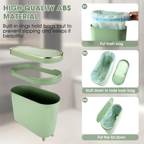 Image of VZZNN 2 Pack Bathroom Trash Can with Lid,3.2 Gallon Slim Garbage Can with Pop-Up Lid Small Waste Basket for Bedroom,Living Room,Office,Dog Proof,Green