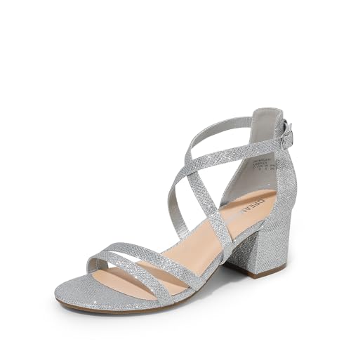 DREAM PAIRS Women's Ankle Strap Low Chunky Heels Open Toe Blocked Strappy Sandals Dress Shoes for Wedding Bridal Party 7.5 Silver