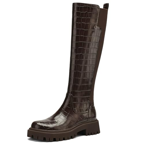 Women's Knee High Boots Fashion Platform Lug Sole Tall Riding Boots Comfortable Stretch Calf Dress Long Boots