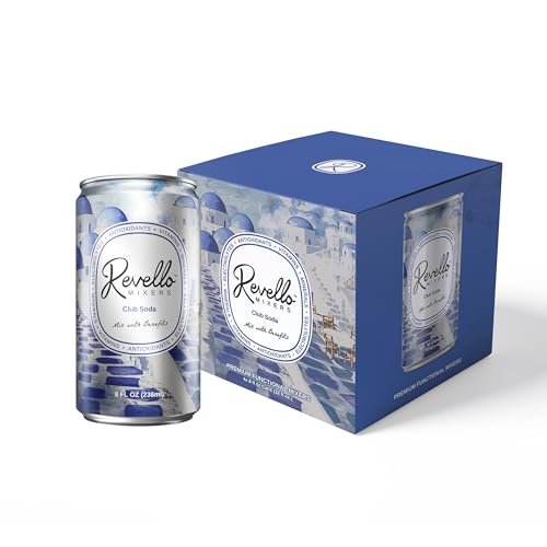 Image of Revello Mixers Club Soda - Mixer Infused with Electrolytes, Antioxidants, Vitamins & Minerals - Low Sugar & Calories - Premium Beverage for Crafted Cocktails & Mocktails - 8 fl oz (Pack of 4)
