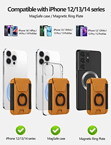 3-In-1 Magnetic Wallet With Phone Grip, Compatible With Magsafe Wallet And Phone Stand, Leather Privacy Flap, Magnetic Phone Wallet Holder With Phone Ring For Iphone 14/13/12 Series, 7 Cards, Orange #TOP6