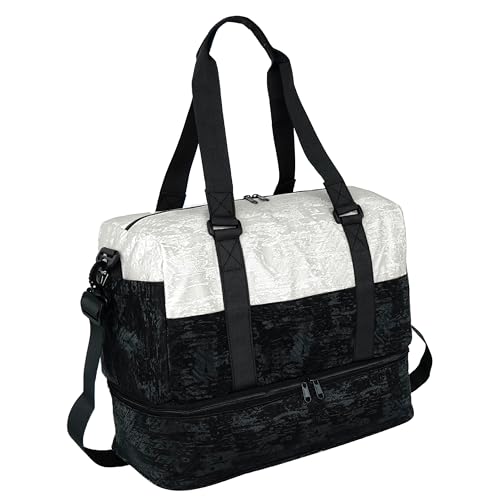 Image of Storite Polyester Duffle Bag with Shoe Compartment, Black /White, 34x23x43cm | Water Resistant, Lightweight, Large Capacity, Spacious Storage, Travel, Gym, Sports, Weekend Trips