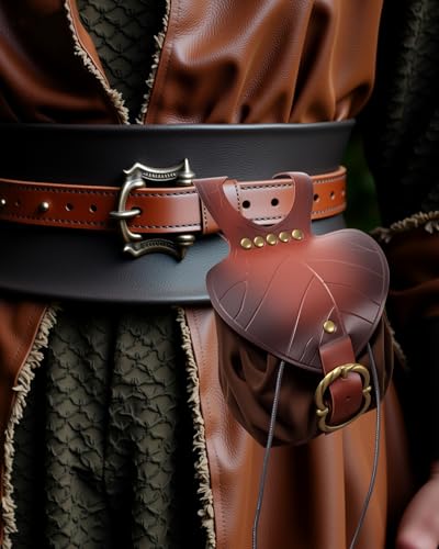 Image of Leather Belt Pouch Medieval Vintage Renaissance Viking LARP Cosplay Costumes Drawstring Coin Purse Phone Holder Waist Bag (Leaf Brown)