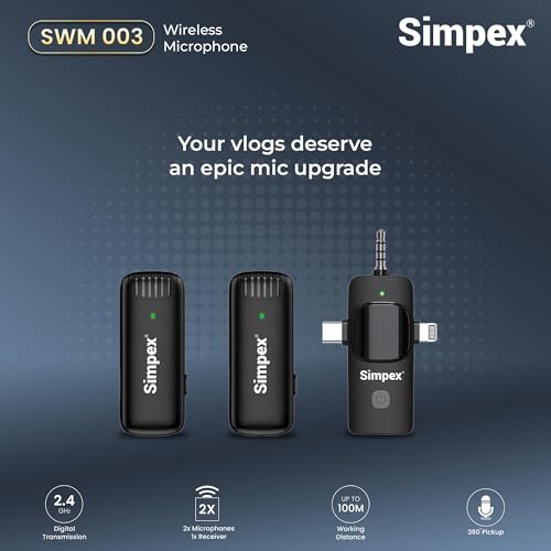 Image of Simpex (SWM-003 Wireless Microphone & amp; Receiver, 2X Mic System, 2.4GHz Frequency, 4Hr Battery, 20m Range, for All Smartphones, Ideal for Voice Recording, & Live Streaming.