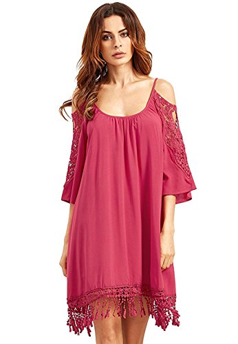 Milumia Women's Summer Cold Shoulder Crochet Lace Sleeve Loose Beach Dress Rose M